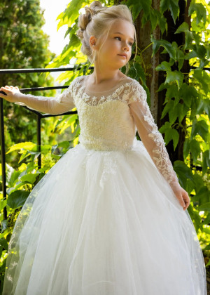 Beaded Ivory Lace Tulle Flower Girl Dress With Removable Train
